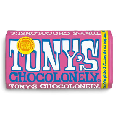 Picture of 25% OFF CLEARANCE: Tony's Chocolonely Large Bar White Raspberry Popping Candy (15 x 180g Bars) (BB: 04/02/2026)
